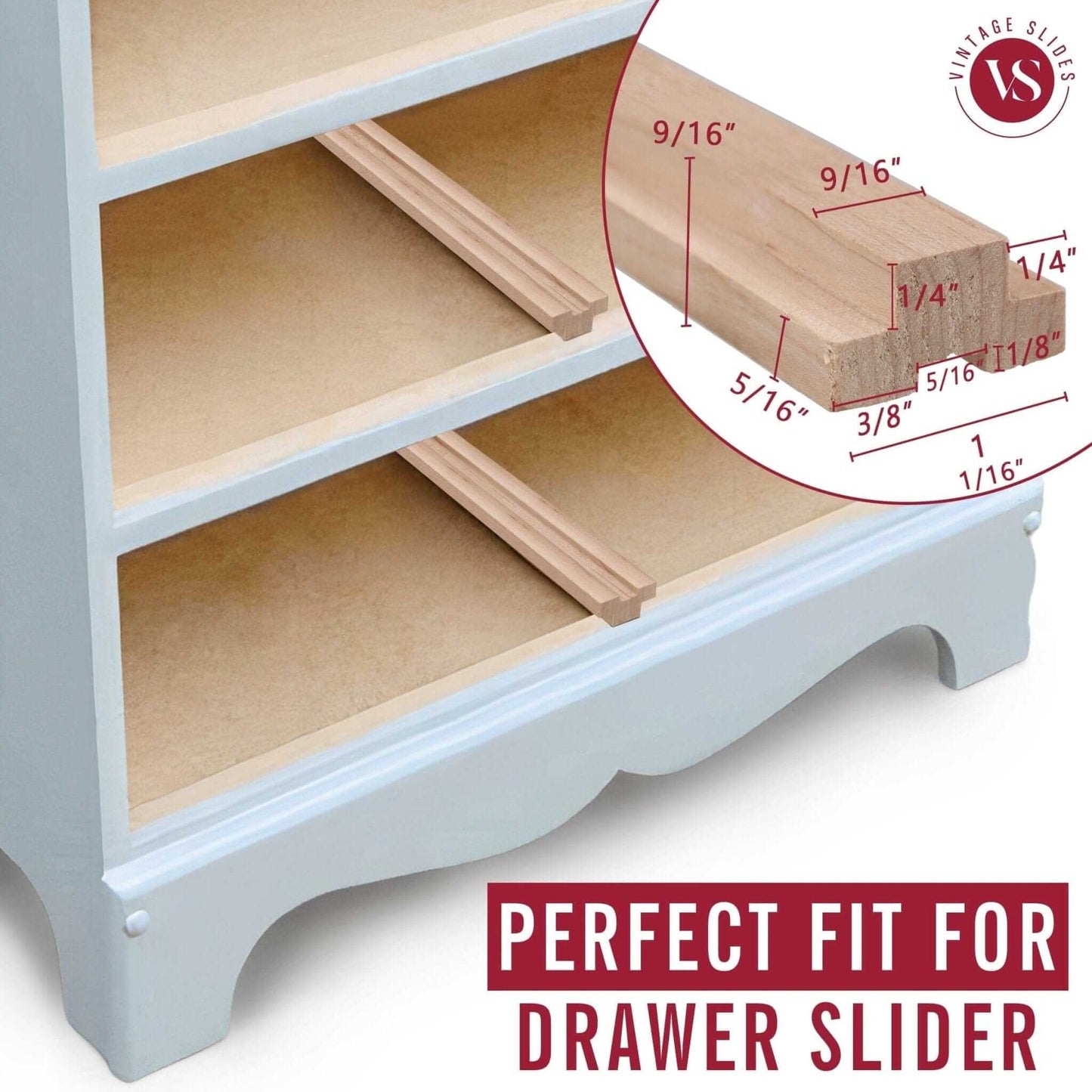 20-Inch U-shaped Vintage Wood Drawer Slide, Center Guide Track, cut to size, (Corresponding metal slide sold separately) Vintage Slides 