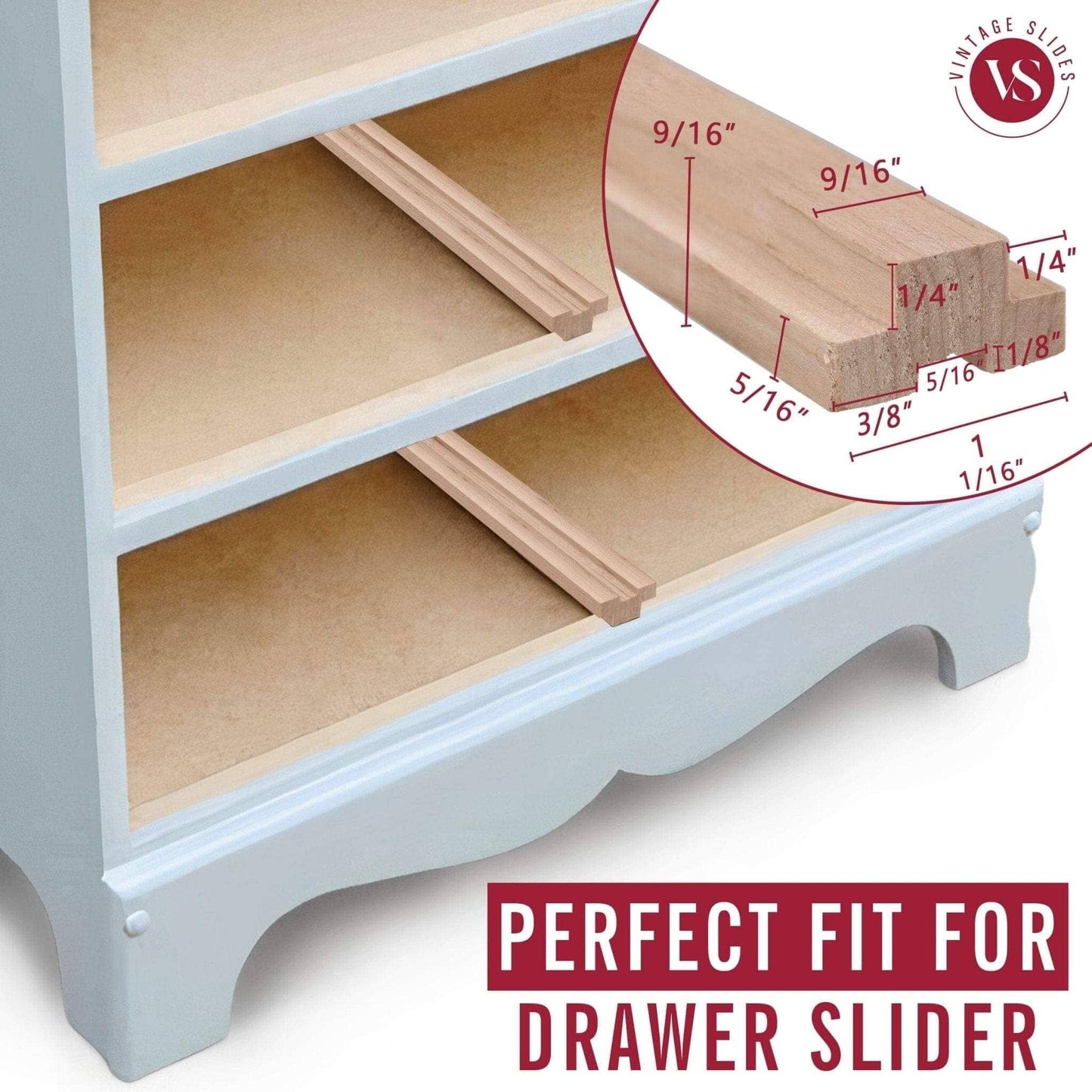 20-Inch U-shaped Vintage Wood Drawer Slide, Center Guide Track, cut to size, (Corresponding metal slide sold separately) Vintage Slides 